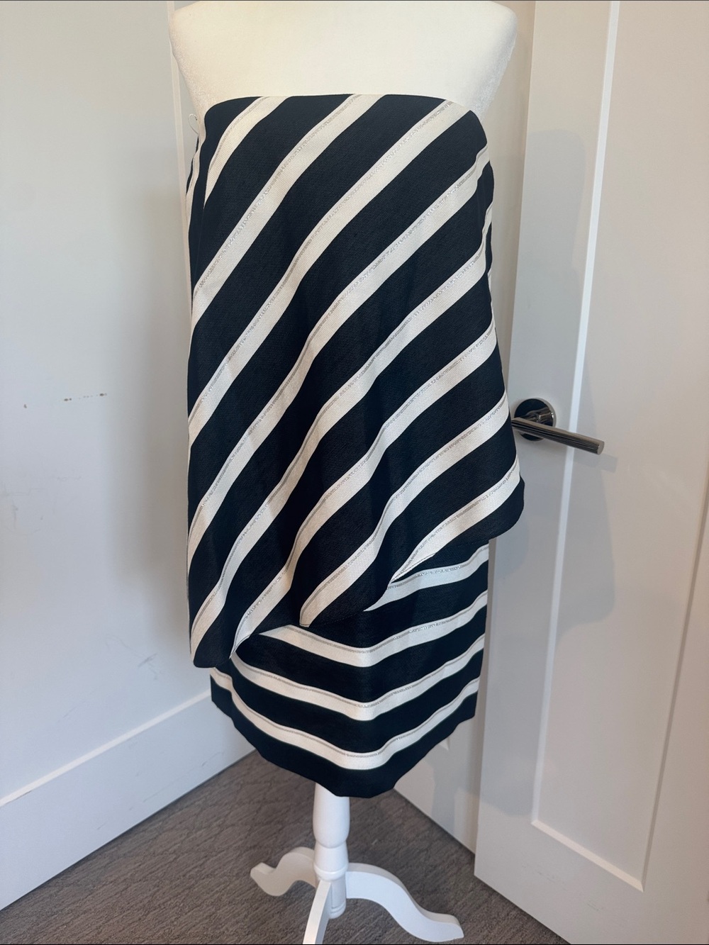 Halston Heritage Black and White Strapless Diagonal Stripe Dress